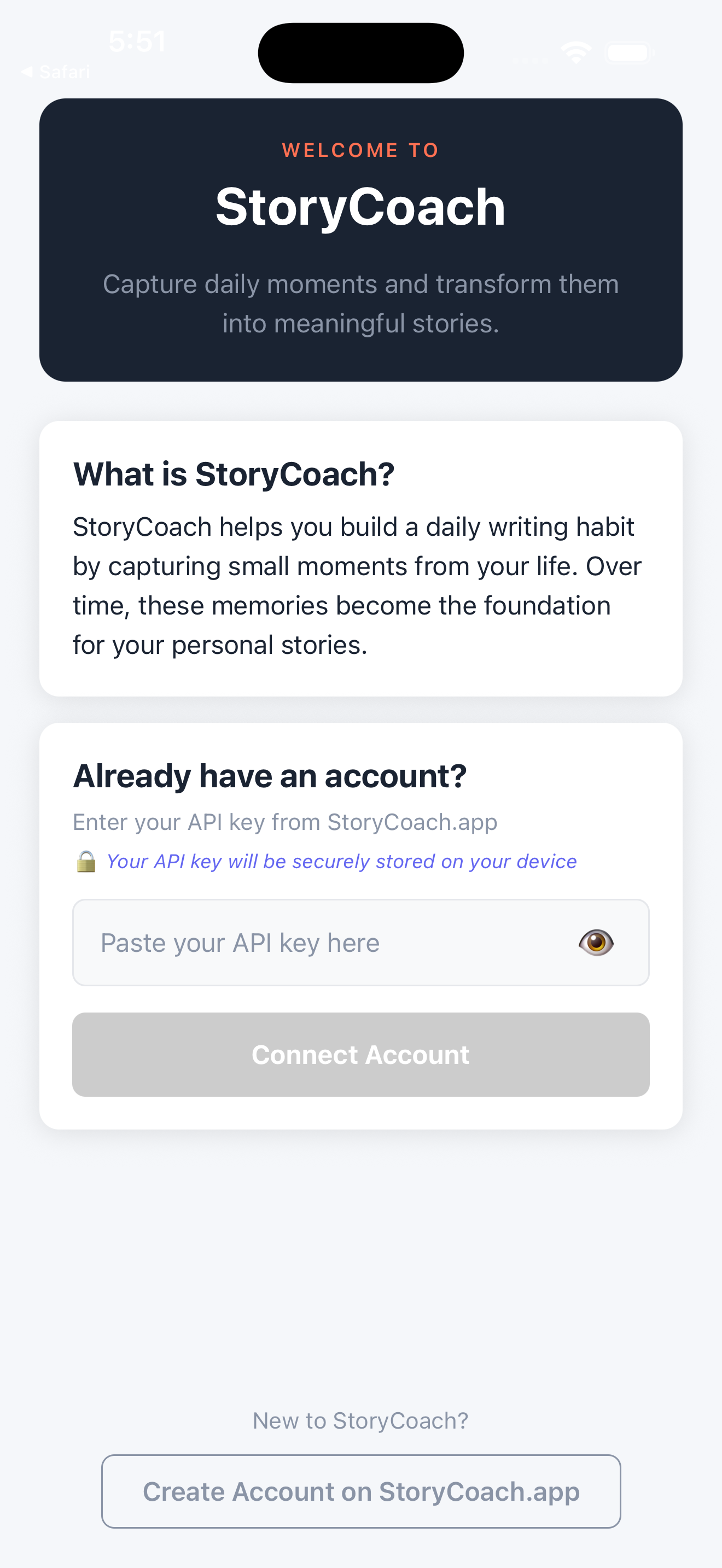 StoryCoach welcome and onboarding screen on iPhone